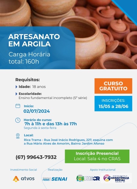 Curso de Artesanato em Argila tem inscrições abertas até esta sexta-feira em Costa Rica