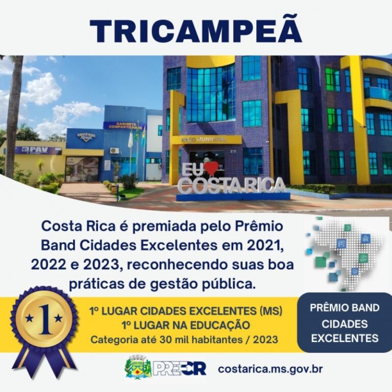 Tricampeã: Costa Rica ganha Prêmio Band Cidades Excelentes em 2021, 2022 e 2023, reconhecendo suas boas práticas de gestão pública