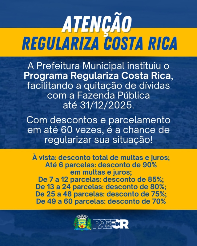 Regulariza Costa Rica vai ajudar contribuinte a pagar suas dívidas com a Prefeitura