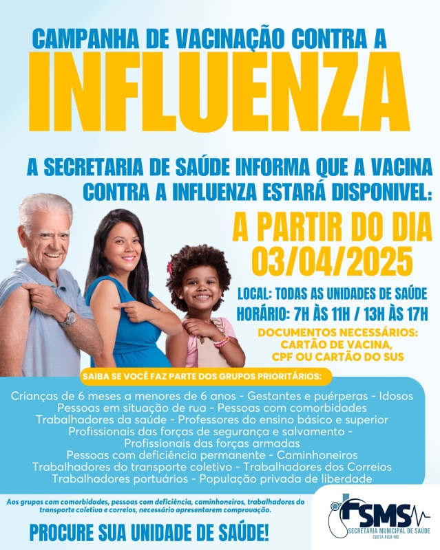 Vacinação contra Influenza inicia nesta quinta-feira nas Unidades de Saúde de Costa Rica
