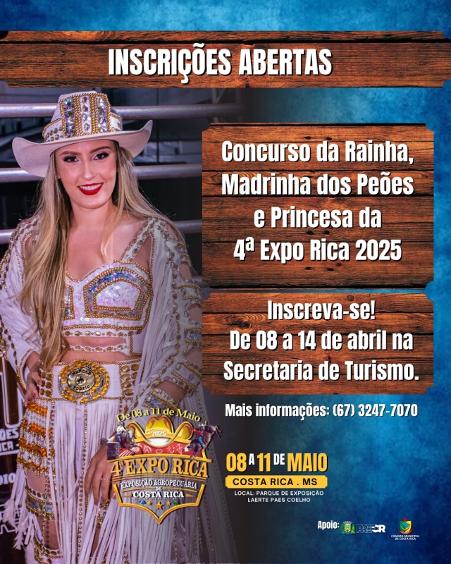 Abertas as inscrições para o Concurso da Rainha, Madrinha dos Peões e Princesa da 4ª Expo Rica 2025