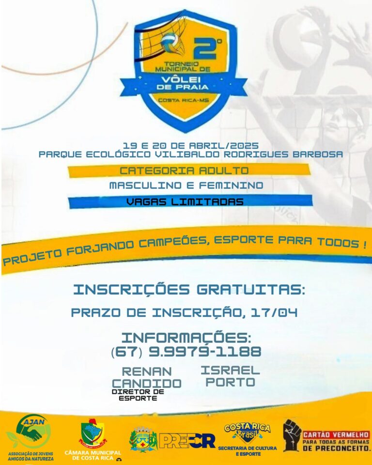 Costa Rica sediará Campeonato Municipal de Vôlei de Praia nos dias 19 e 20 de abril