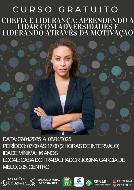 Casa do Trabalhador de Costa Rica terá curso gratuito de Chefia e Liderança segunda e terça-feira
