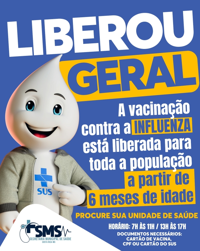 Vacinação contra Influenza liberada para todos os públicos nas Unidades de Saúde de Costa Rica