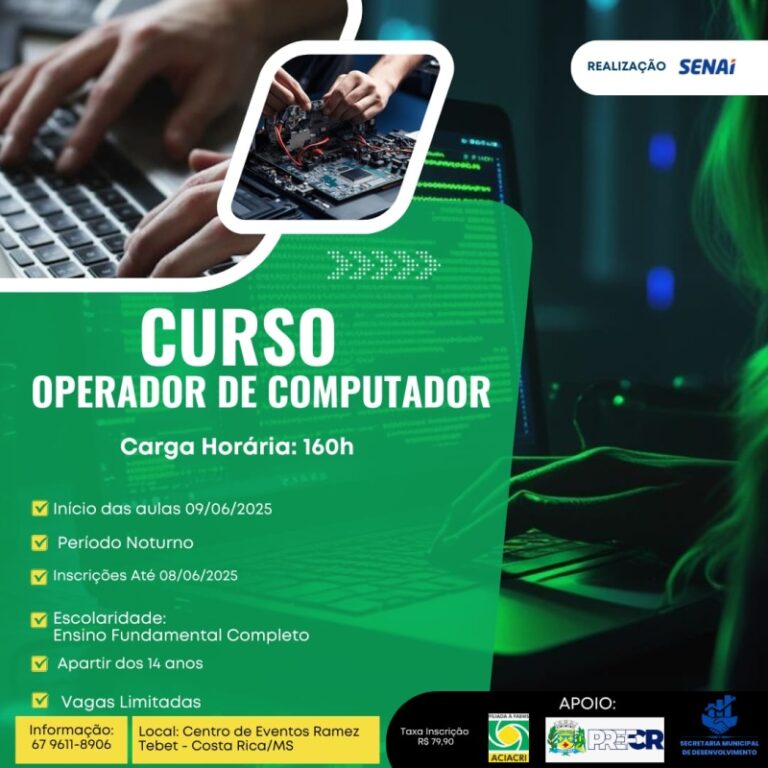 Cursos Operador de Computador, Eletricista de Automóveis e Marceneiro estão com inscrições abertas na ACIACRI em Costa Rica