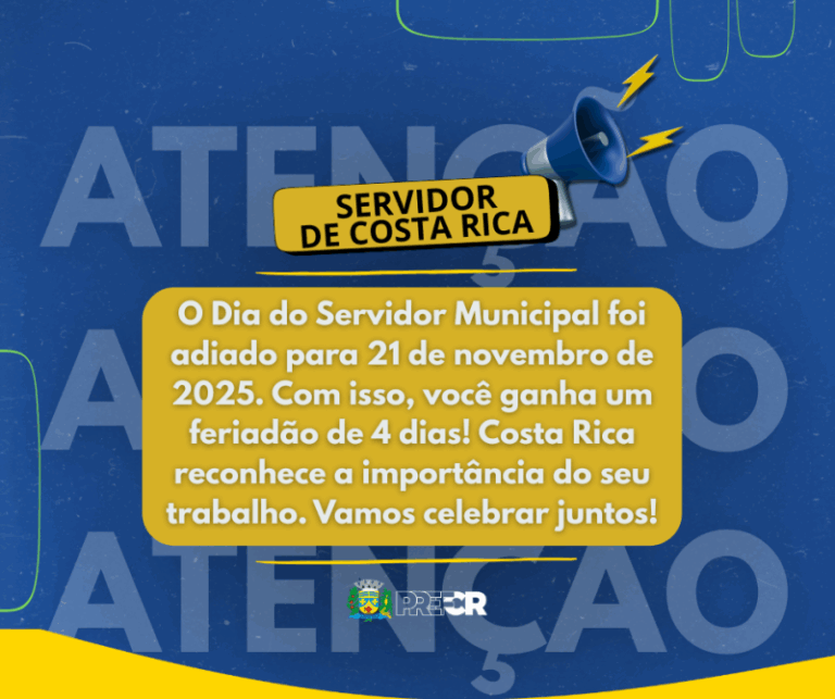 Prefeitura de Costa Rica transfere ponto facultativo do Dia do Servidor Público para 21 de novembro