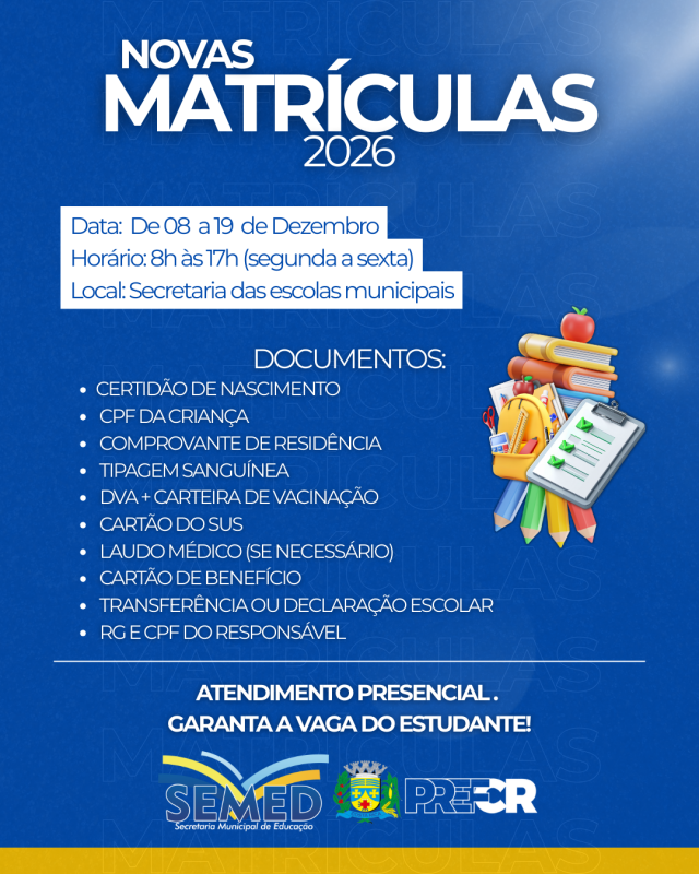 Costa Rica dá início ao período de matrículas para novos alunos na Rede Municipal de Ensino