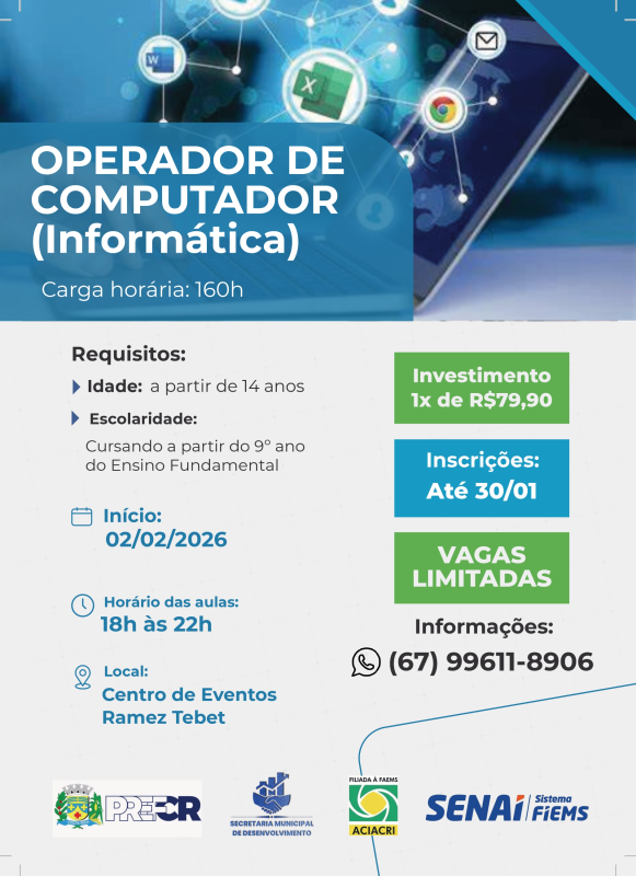 Costa Rica abre inscrições até 30 de janeiro para curso de Operador de Computador