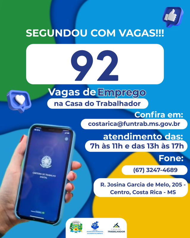 Casa do Trabalhador de Costa Rica abre a semana com 92 vagas de Emprego