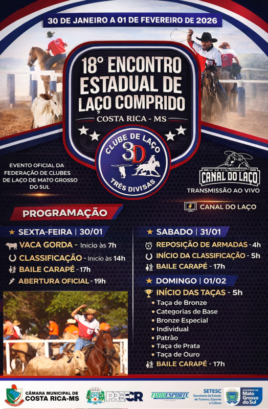 18º Encontro Estadual de Laço Comprido acontece entre os dias 30 de janeiro e 1º de fevereiro em Costa Rica