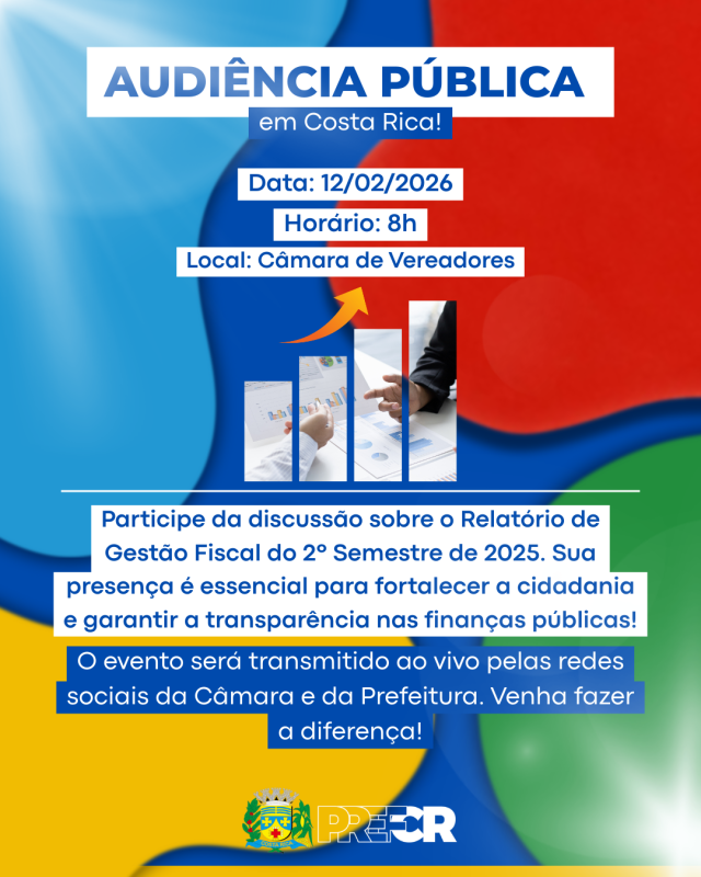 Audiência Pública dia 12 em Costa Rica discute Relatório de Gestão Fiscal do 2º Semestre de 2025