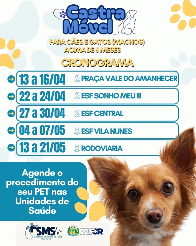 Saúde divulga Cronograma de Atendimentos do Castramóvel para abril e maio em Costa Rica