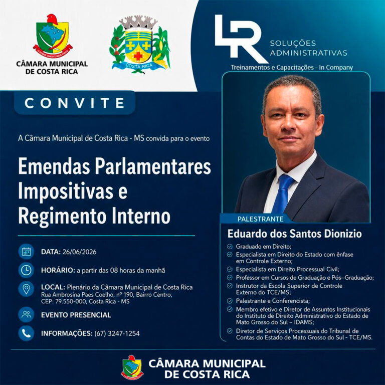 Câmara Municipal convida população para palestra sobre Emendas Parlamentares Impositivas e Regimento Interno